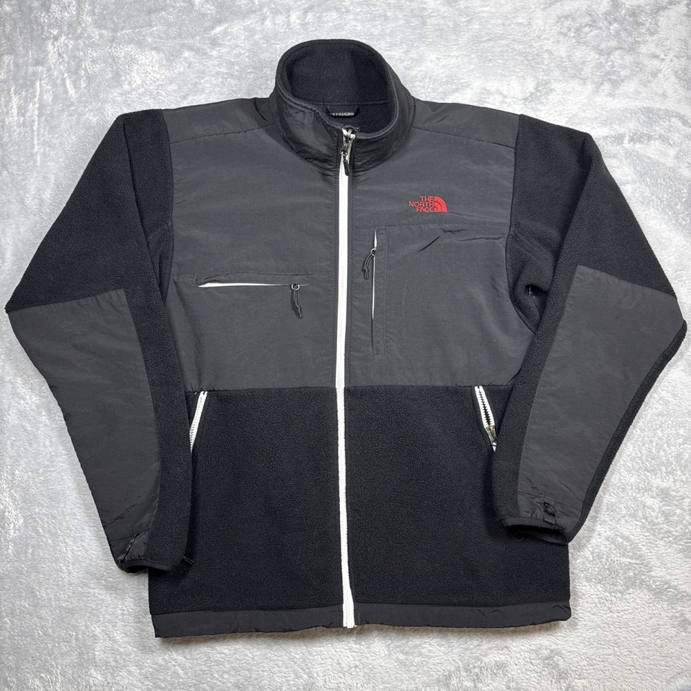 The North Face Denali Jacket Men Large Black Contrast Zipper Red Logo